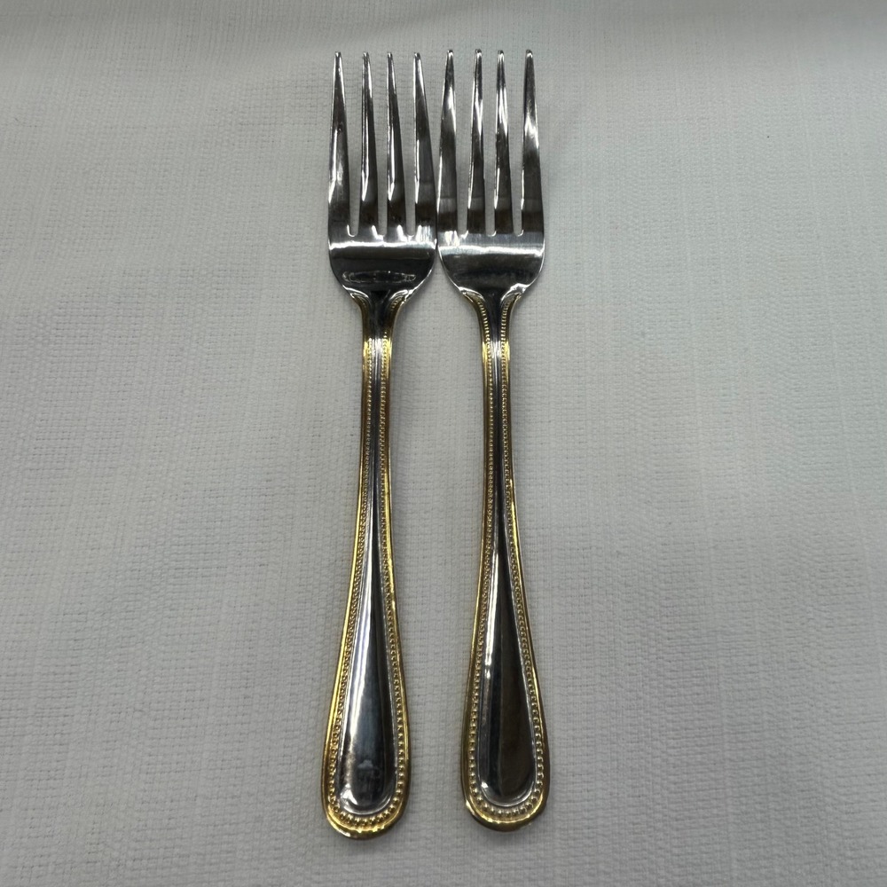 2 pc International Silver Royal Bead Gold Salad Forks 6.5" Stainless Gold Trim